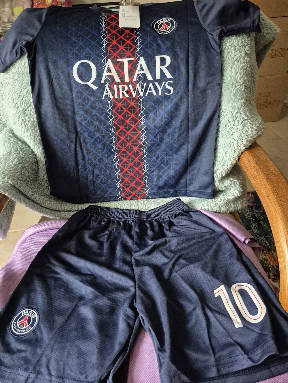 Paris Saint-Germain Kids Navy and Red Soccer Jersey and Shorts- Qatar Airways